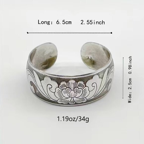 Lotus Floral Design Cuff Bracelet Silver Tone #1196 - Picture 9 of 12